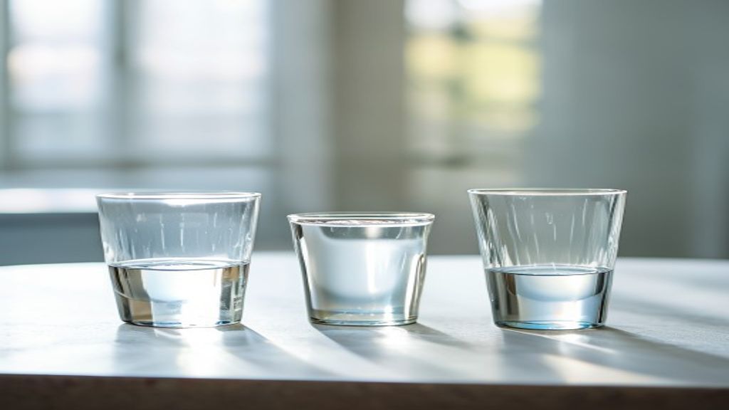 Three water glasses arranged on a table, each with different drink options
